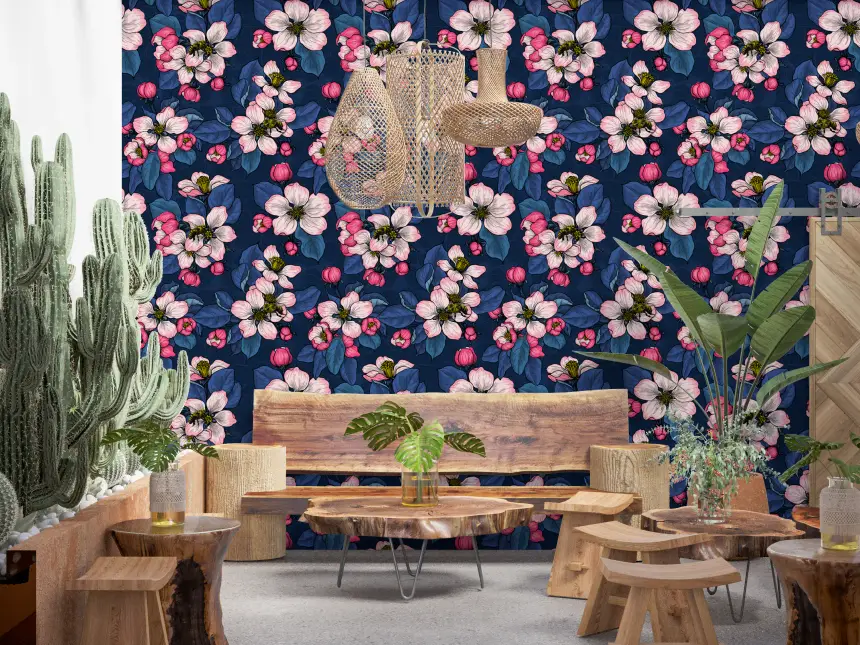 Apple Blossom on Dark Blue 2 Wallpaper