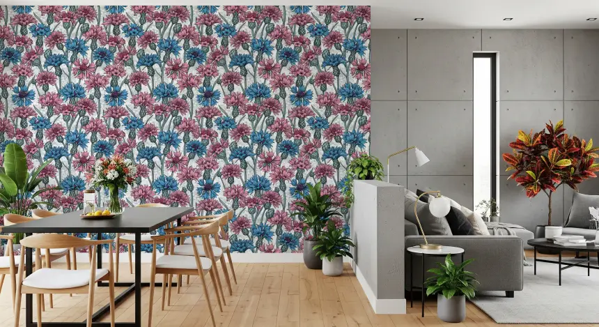 Pink and Blue Cornflowers on White Wallpaper