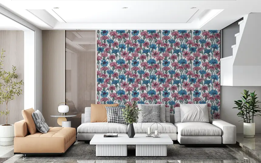 Pink and Blue Cornflowers on White Wallpaper
