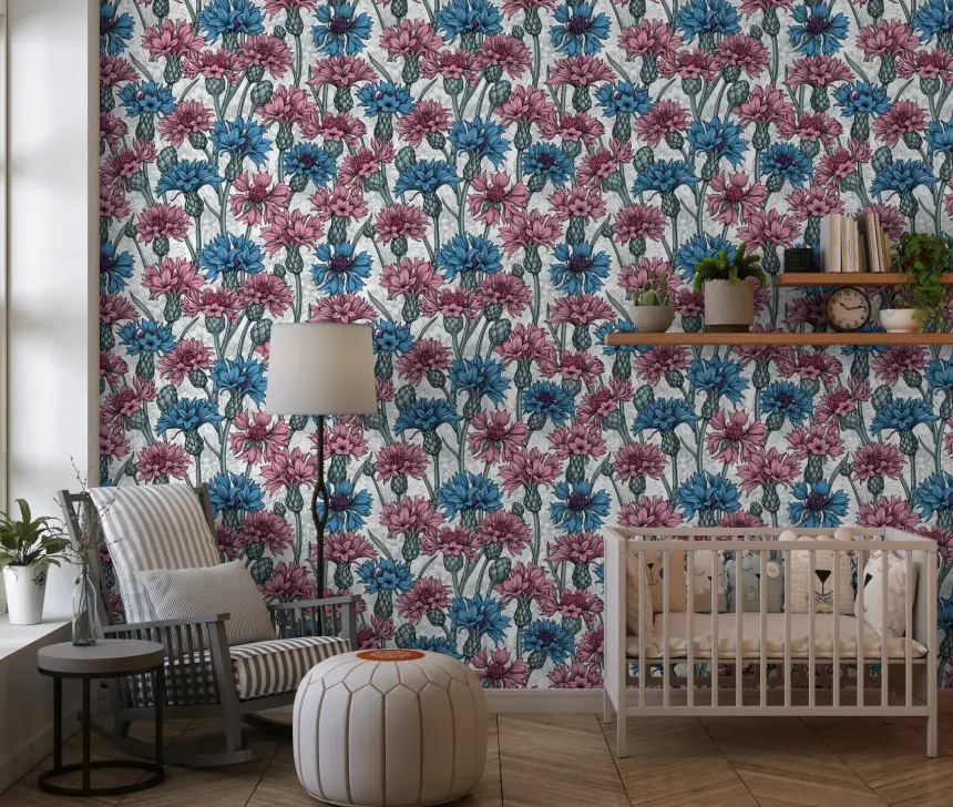 Pink and Blue Cornflowers on White Wallpaper