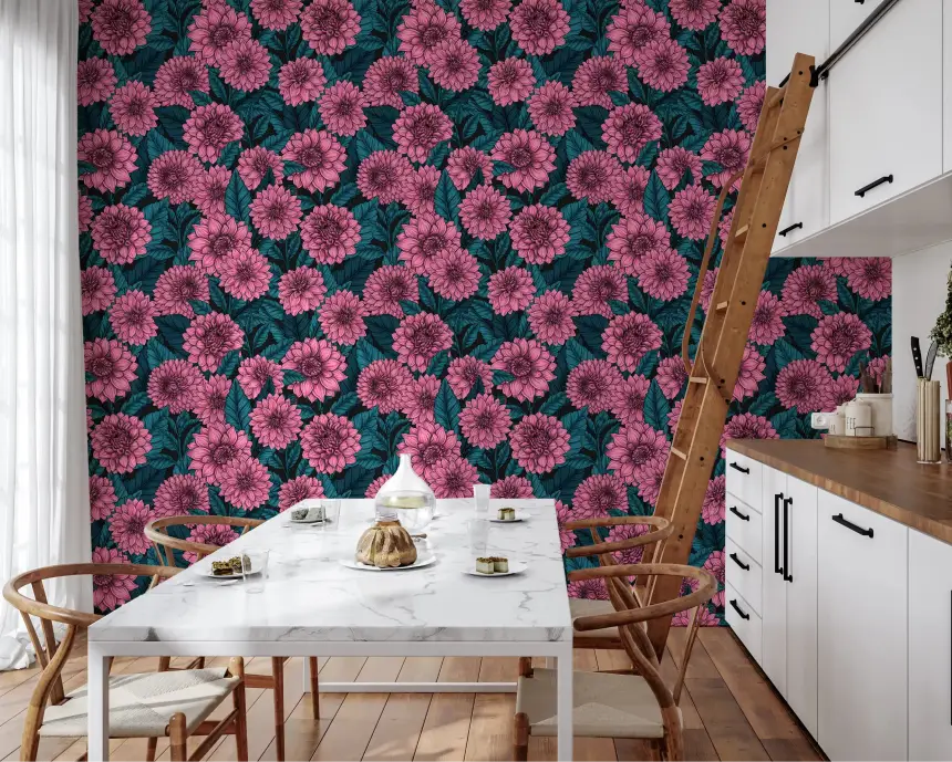 Pink Dahlia Garden// Blue Leaves Wallpaper