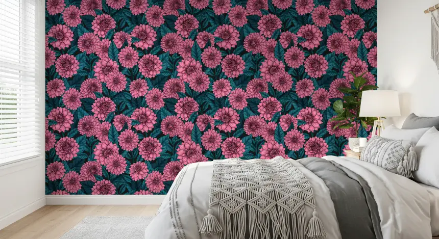 Pink Dahlia Garden// Blue Leaves Wallpaper