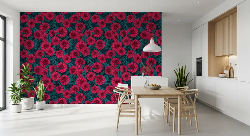 Red Dahlia Garden/Blue Leaves Wallpaper