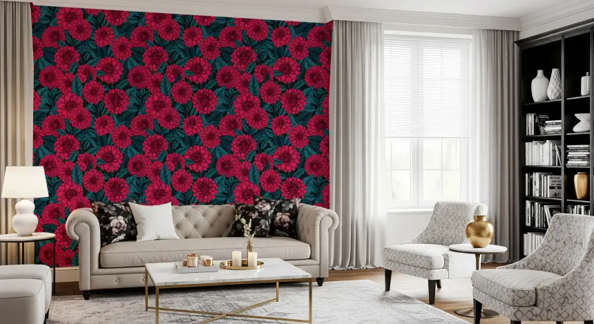 Red Dahlia Garden/Blue Leaves Wallpaper