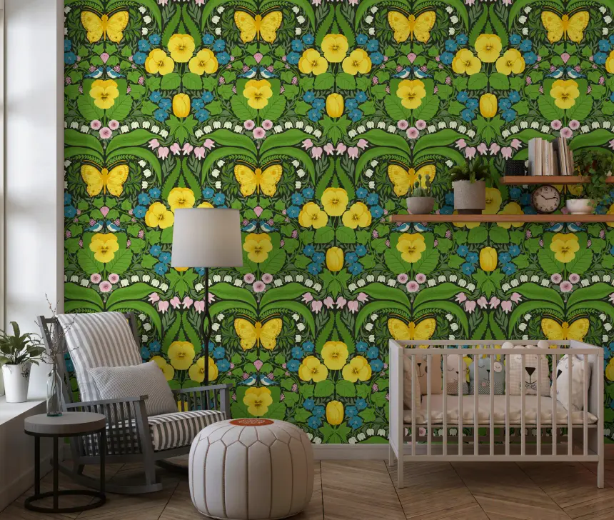 Dollhouse Garden, Yellow Pansies, Birds and Butterflies Wallpaper