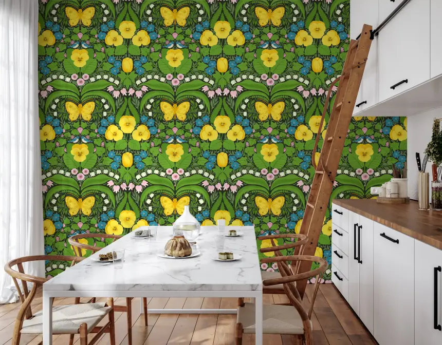 Dollhouse Garden, Yellow Pansies, Birds and Butterflies Wallpaper