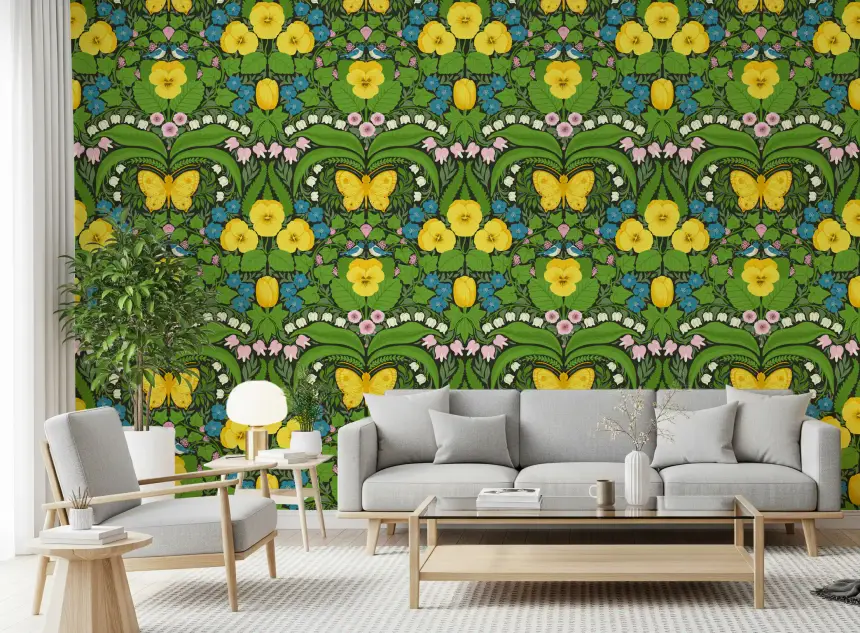 Dollhouse Garden, Yellow Pansies, Birds and Butterflies Wallpaper