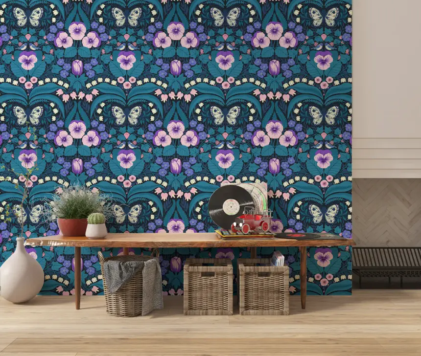 Dollhouse Garden, Pansies, Birds and Butterflies Wallpaper