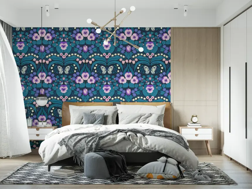 Dollhouse Garden, Pansies, Birds and Butterflies Wallpaper