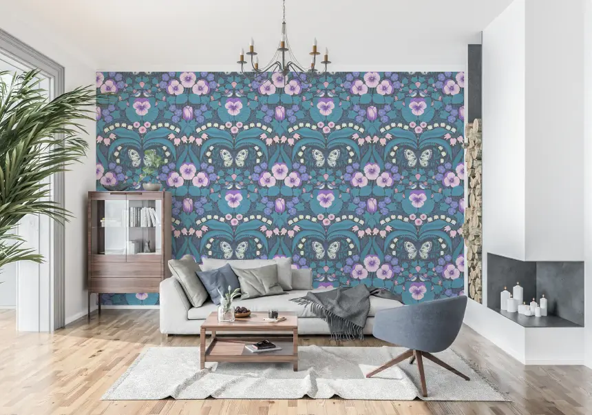 Dollhouse Garden, Pansies, Birds and Butterflies Wallpaper