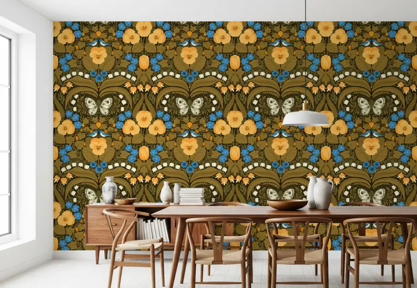Dollhouse Garden, Pansies, Birds and Butterflies 3 Wallpaper