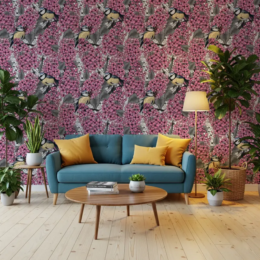 Birds in Pink Lilac Garden Wallpaper