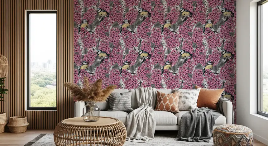 Birds in Pink Lilac Garden Wallpaper