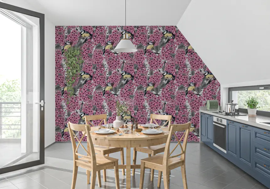 Birds in Pink Lilac Garden Wallpaper