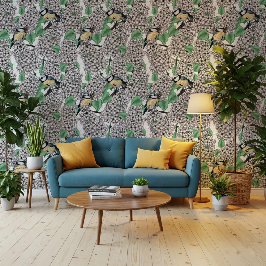 Birds in the Lilac Tree, White and Green Wallpaper