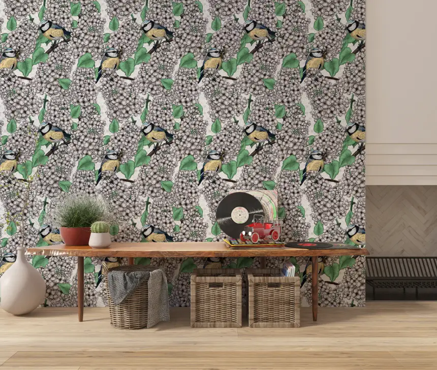 Birds in the Lilac Tree, White and Green Wallpaper