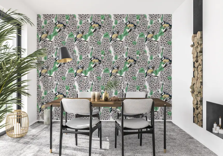 Birds in the Lilac Tree, White and Green Wallpaper
