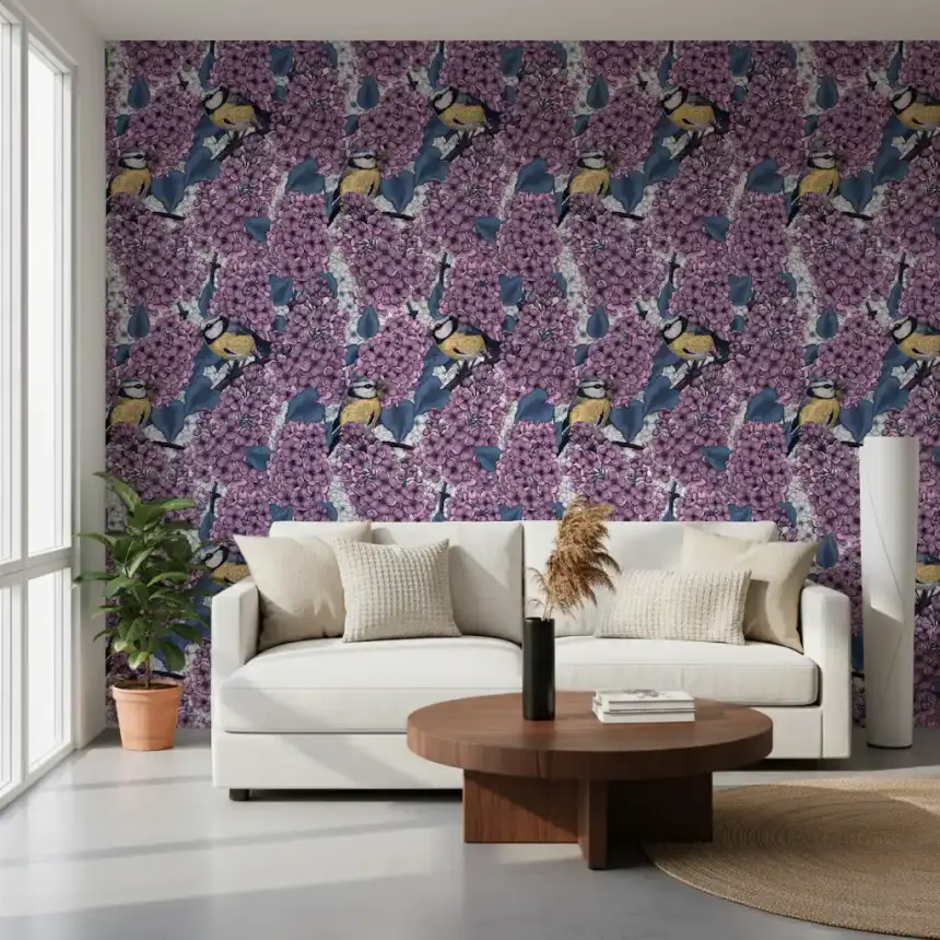 Birds in Violet Lilac Garden Wallpaper