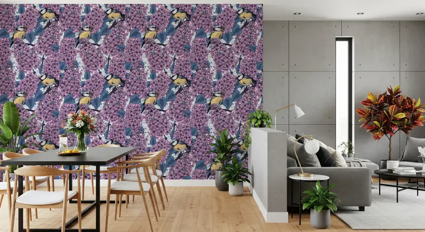 Birds in Violet Lilac Garden Wallpaper