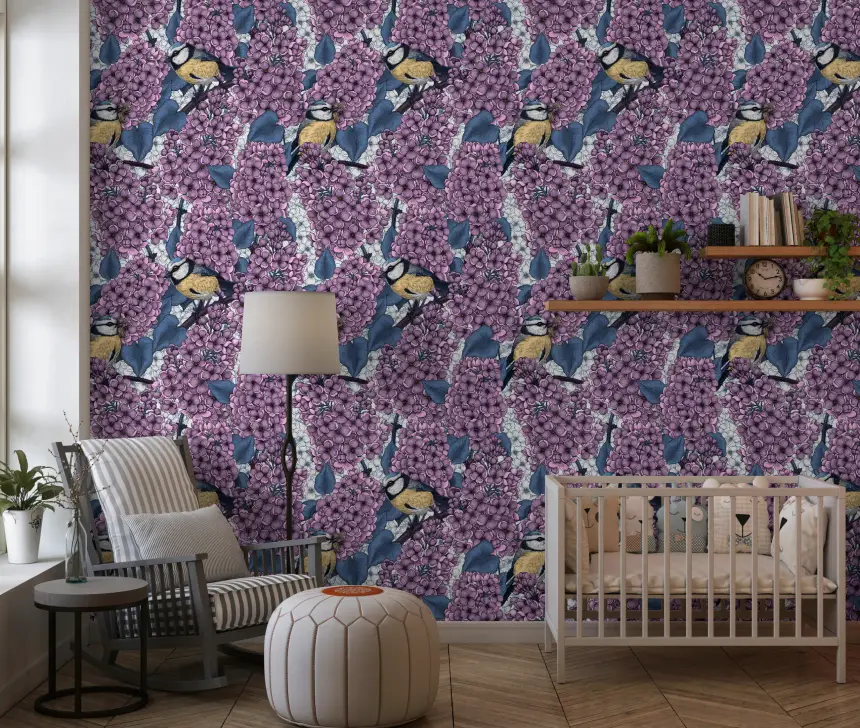 Birds in Violet Lilac Garden Wallpaper