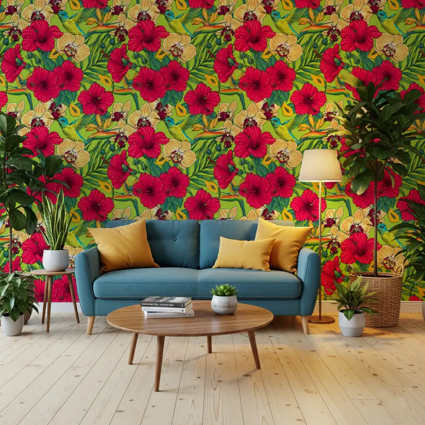 Tropical Florals and Hummingbird - Summer Botanical Garden Wallpaper