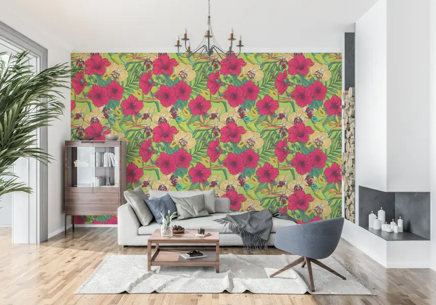 Tropical Florals and Hummingbird - Summer Botanical Garden Wallpaper