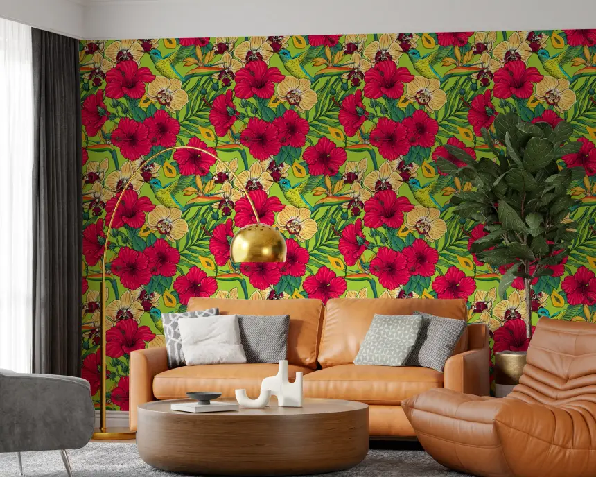 Tropical Florals and Hummingbird - Summer Botanical Garden Wallpaper