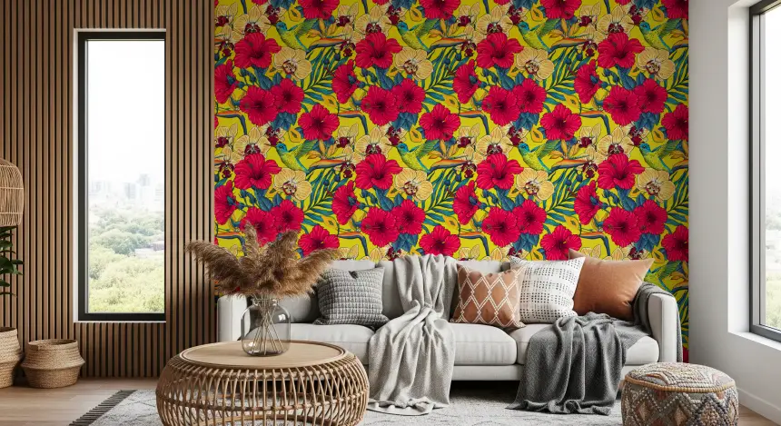 Tropical Florals and Hummingbird - Summer Botanical Garden 2 Wallpaper