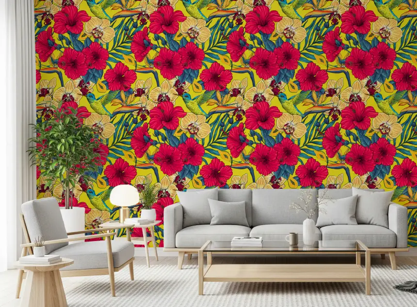 Tropical Florals and Hummingbird - Summer Botanical Garden 2 Wallpaper