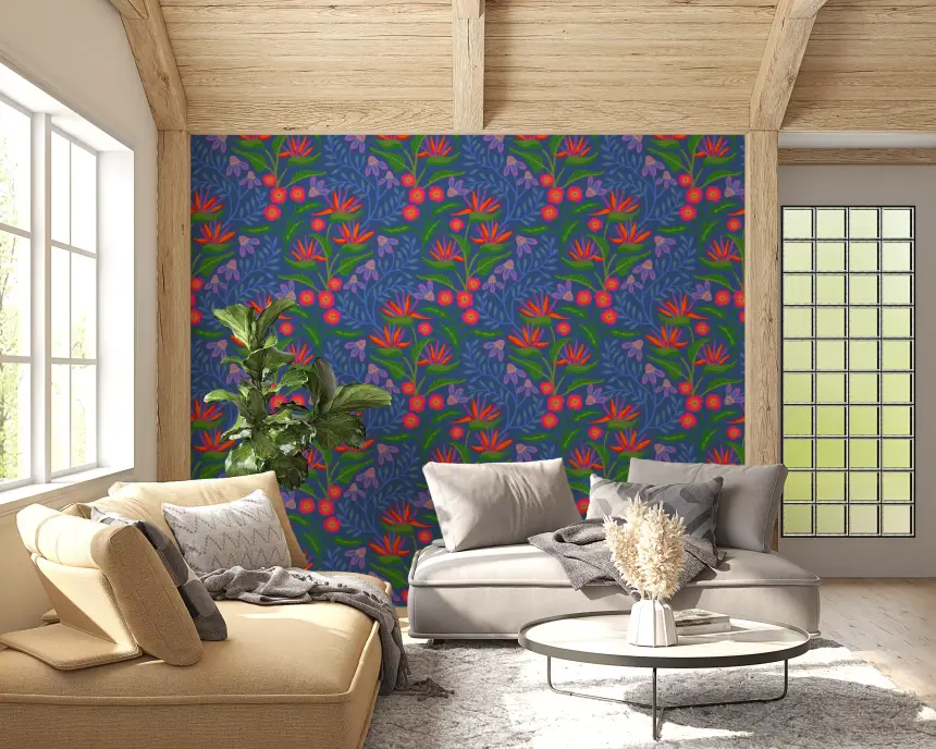 Tropical Tangle Floral Bird of Paradise Fuchsia Pink Blue Wallpaper