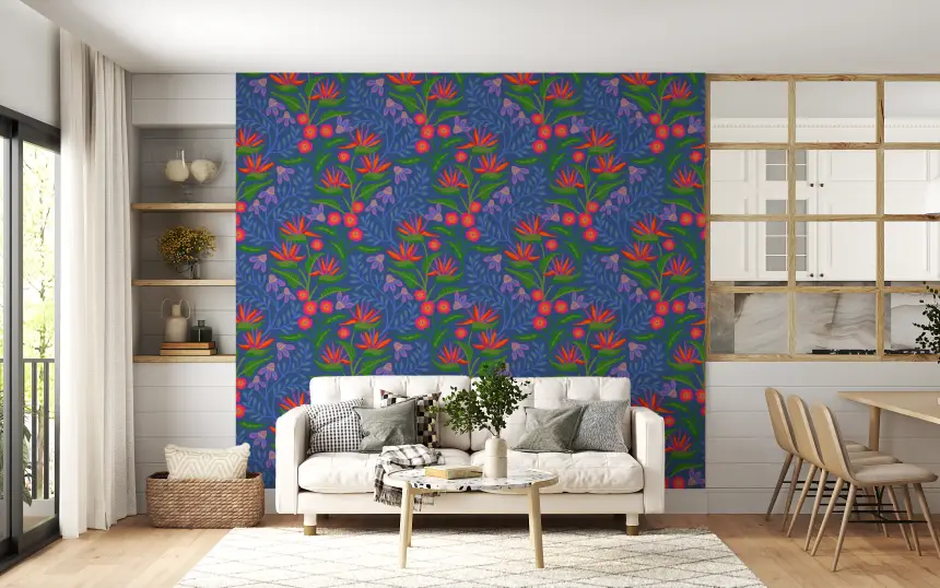 Tropical Tangle Floral Bird of Paradise Fuchsia Pink Blue Wallpaper