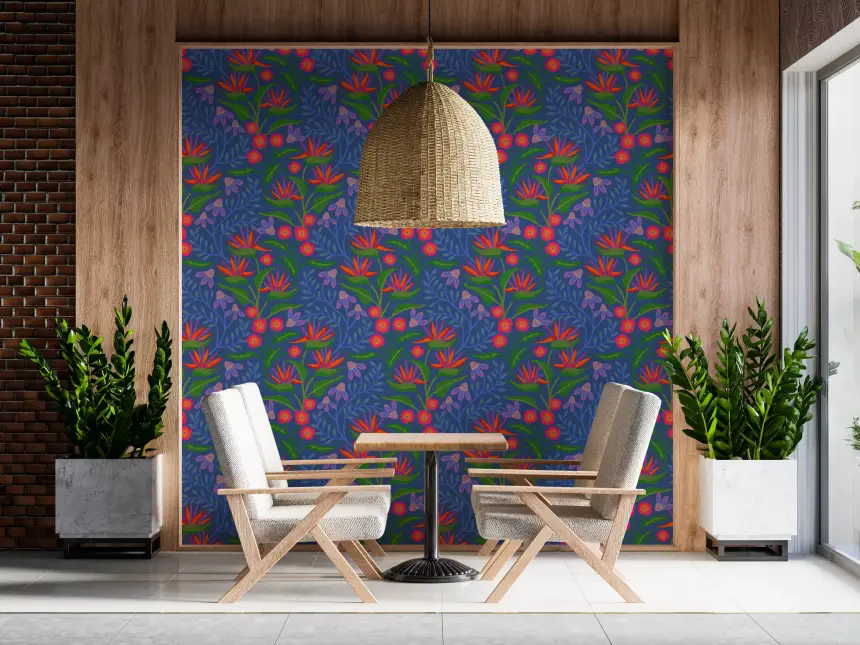 Tropical Tangle Floral Bird of Paradise Fuchsia Pink Blue Wallpaper