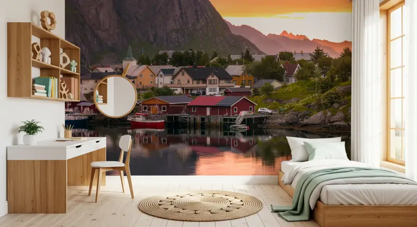 Lofoten Village Sunset & Fjord Wall Mural