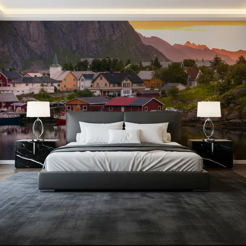 Lofoten Village Sunset & Fjord Wall Mural