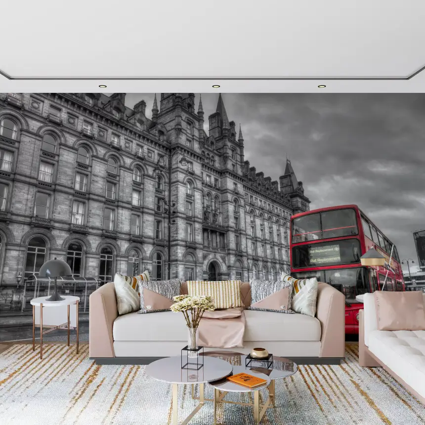 Urban Contrast: Historic Grandeur, Bold Red Wall Mural