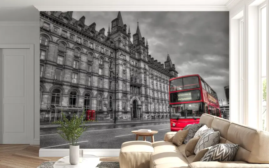 Urban Contrast: Historic Grandeur, Bold Red Wall Mural