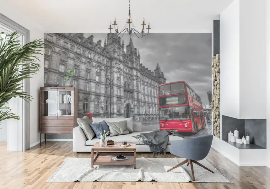 Urban Contrast: Historic Grandeur, Bold Red Wall Mural