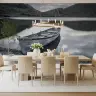Monochrome Mountain Lake and Boat Scenic Wall Mural 7