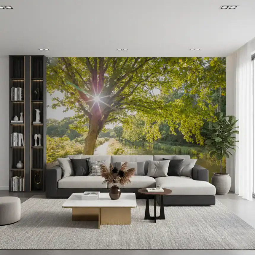Sunlit Woodland Canal Wall Mural