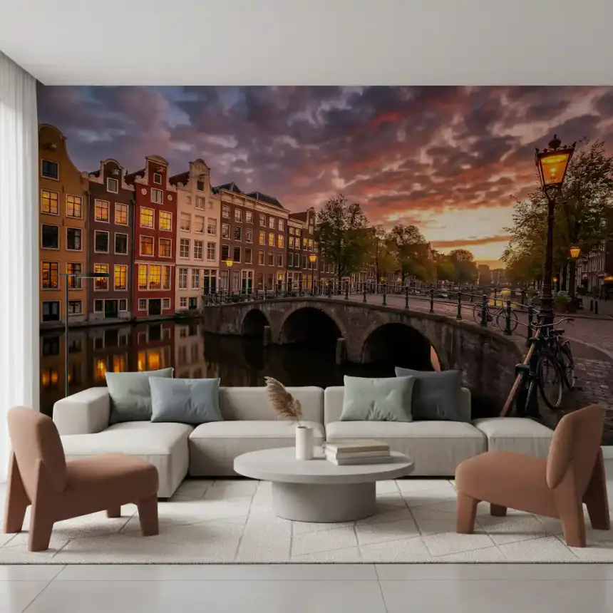 Golden Hour Amsterdam Canal Wall Mural