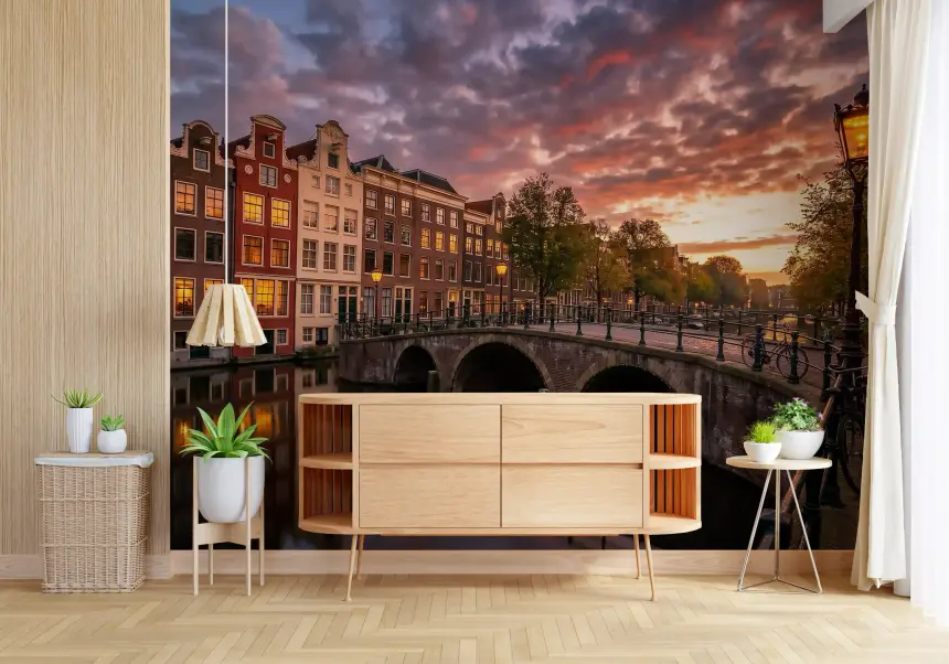 Golden Hour Amsterdam Canal Wall Mural