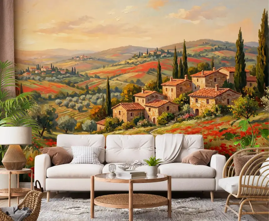 Tuscan Poppy Fields Panorama Wall Mural