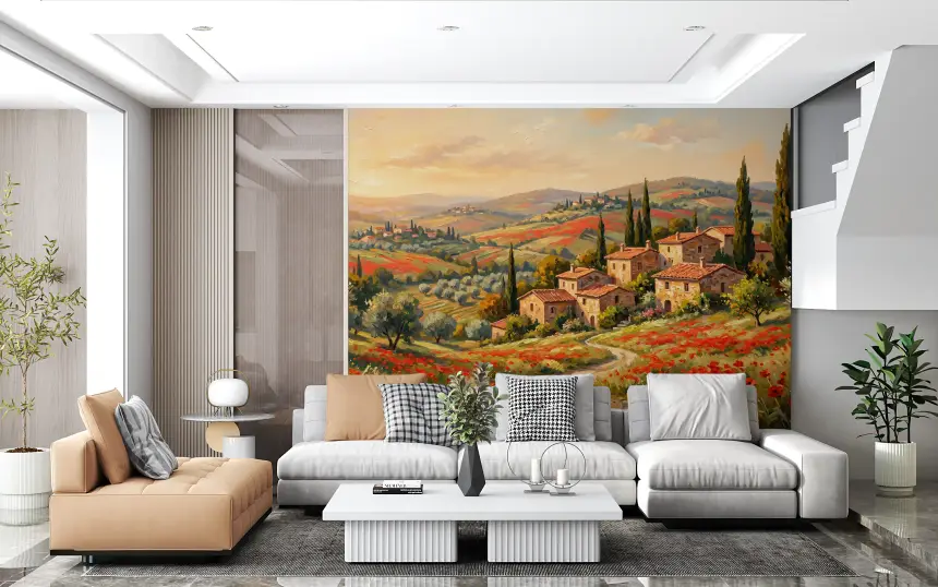 Tuscan Poppy Fields Panorama Wall Mural