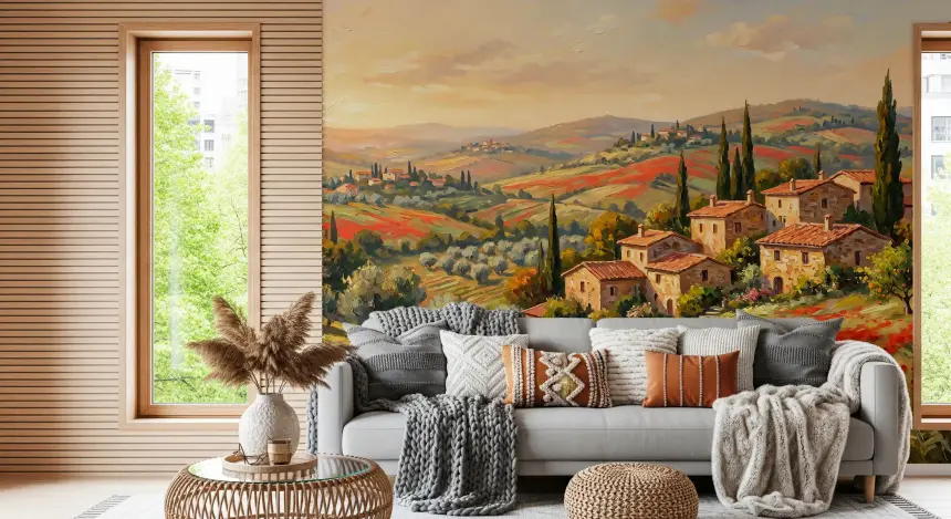 Tuscan Poppy Fields Panorama Wall Mural