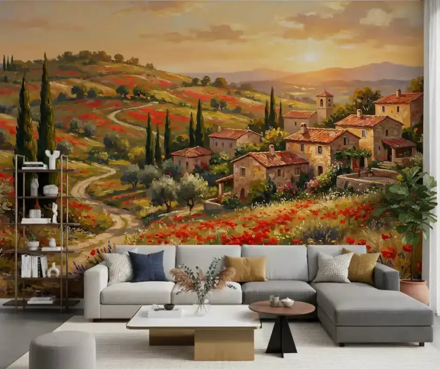 Tuscan Poppy Village Dusk Wall Mural