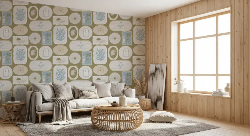 Olive Green Coastal Frame Wallpaper Boho Tropical Wallpaper