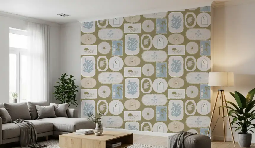 Olive Green Coastal Frame Wallpaper Boho Tropical Wallpaper