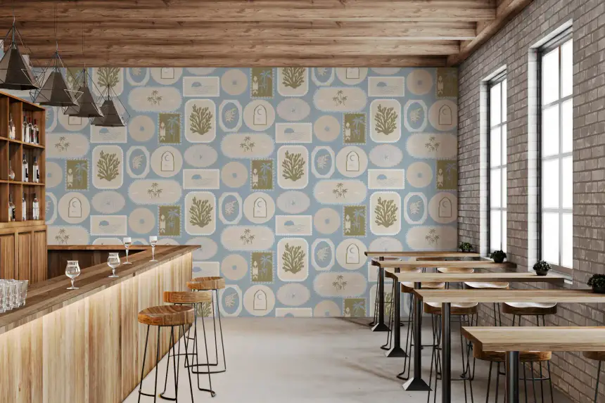 Soft Blue Coastal Frame Wallpaper Boho Tropical Wallpaper