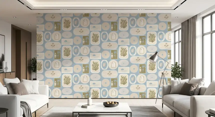 Soft Blue Coastal Frame Wallpaper Boho Tropical Wallpaper