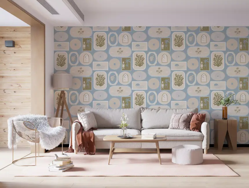 Soft Blue Coastal Frame Wallpaper Boho Tropical Wallpaper